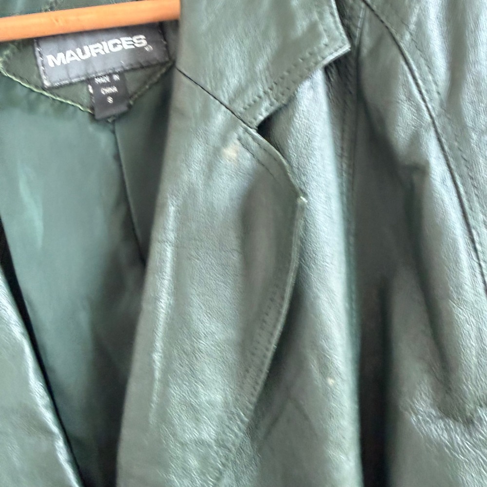 Vintage Maurices Forrest Green Genuine Leather Longline Trench Coat Size Small - Picture 11 of 14